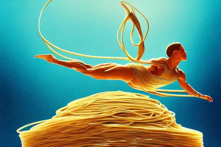 Prompt: olympic diver made of pasta diving into a pool of pasta, splash, art deco intricate ripples, fantasy, elegant, highly detailed, sharp focus, art by artgerm and beeple and greg rutkowski and wlop