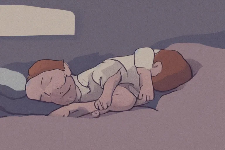 Image similar to Digital illustration of a kid sleeping on his bed at night, cute