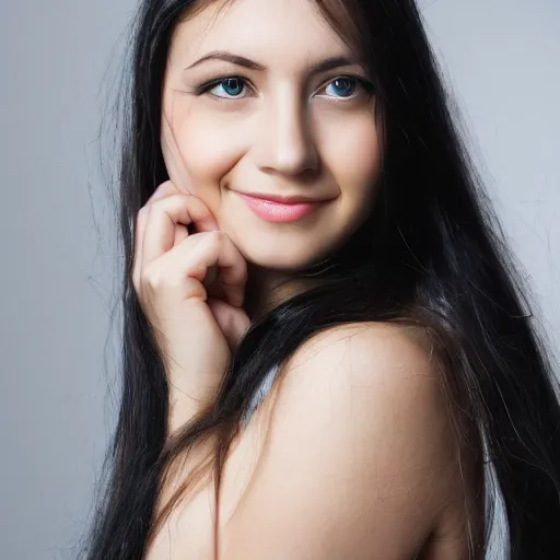 Image similar to young woman with long messy black hair, slightly smiling, 1 3 5 mm nikon portrait