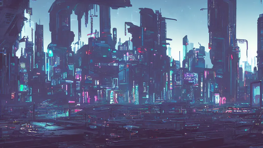 Prompt: cel - shaded cyberpunk landscape