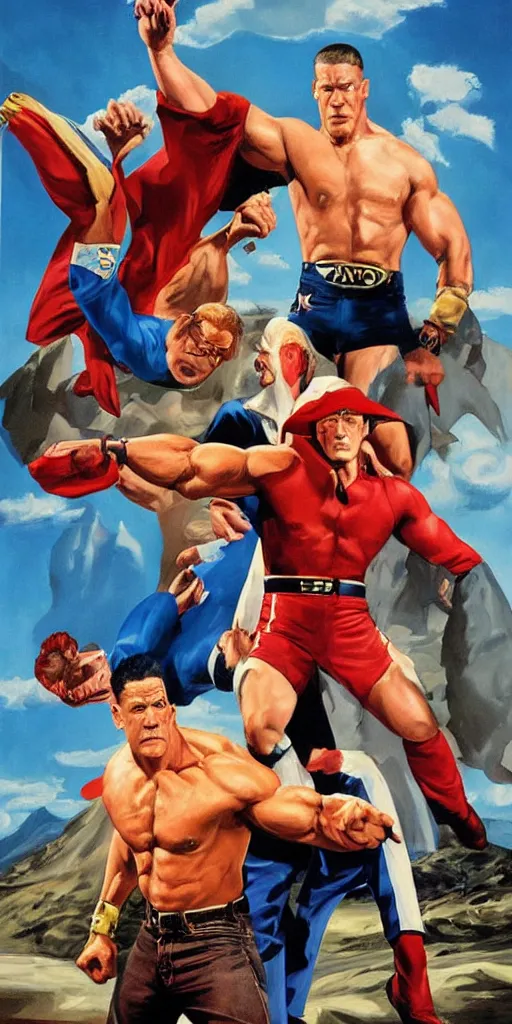 Image similar to The Peacemaker TV Show promo poster featuring John Cena as PeaceMaker and Eagly by Alex Ross, oil painting