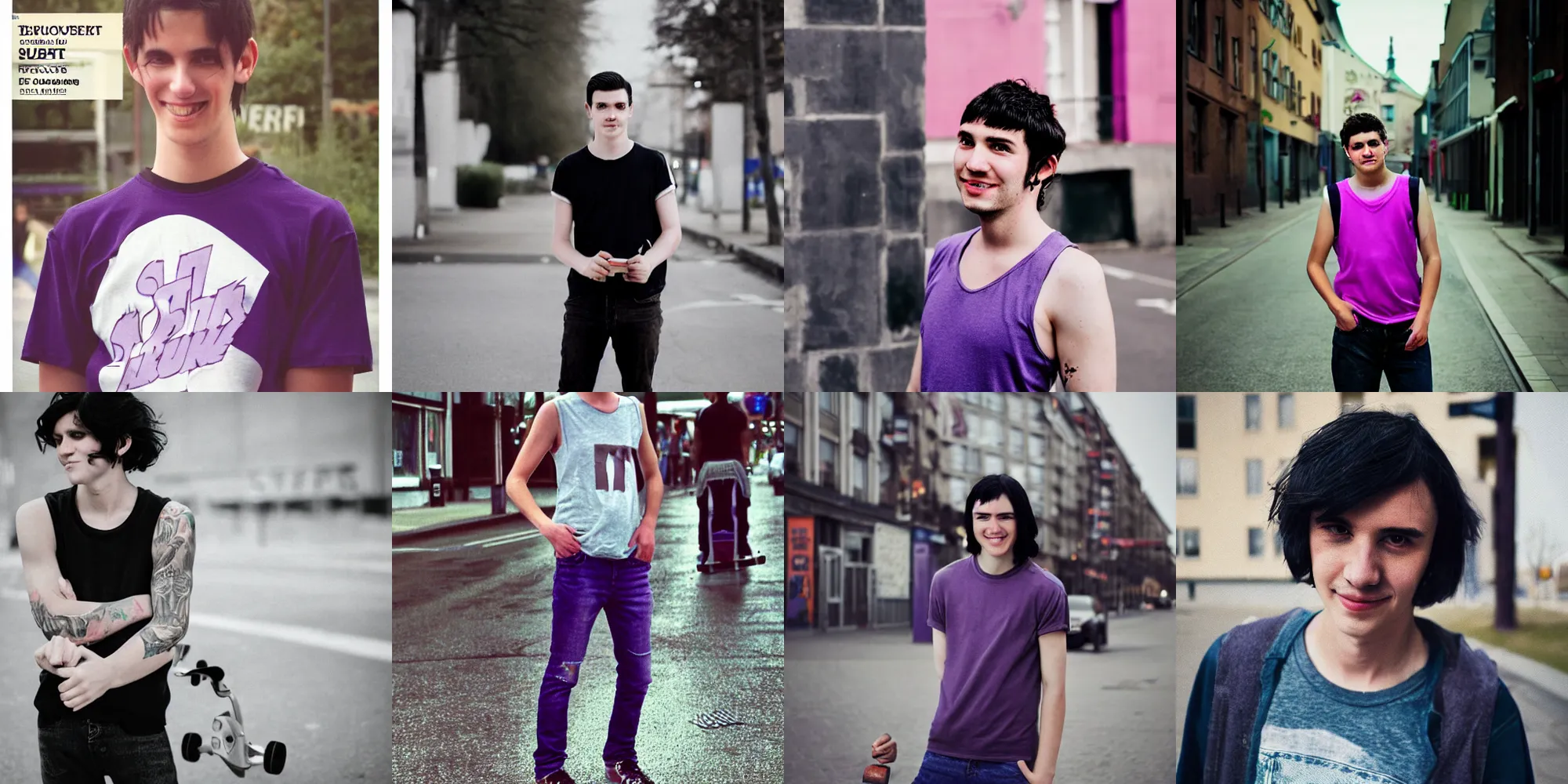 Prompt: softblur portrait of a highschool senior with middle long black hair, shaven face, silver earring, violet tight tanktop, he is smirking into the camera for a cover of a gay print magazine, agfa akurit, street photography, lomography, kreuzberg, blurred, skateboard