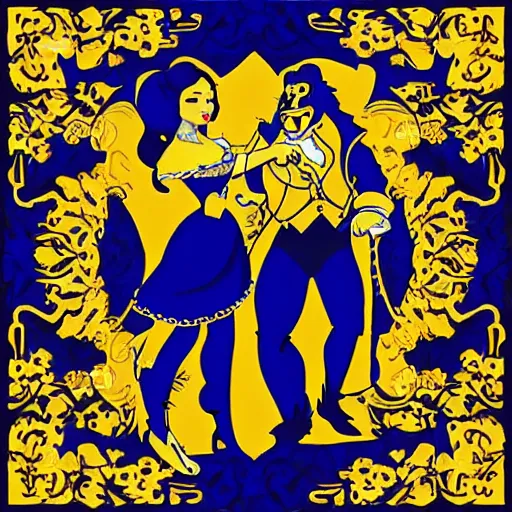 Image similar to belle and beast in blue and gold in the style of mexican folk art