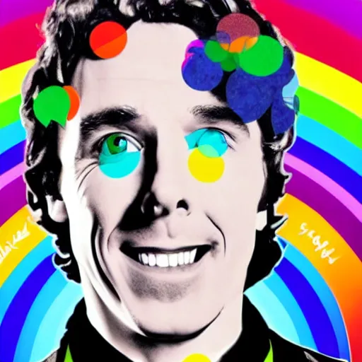 Image similar to rainbow smiling benedict as sherlock holmes. pop art.