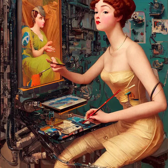 Prompt: robot artist painting a self - portrait on a canvas. intricate, highly detailed, digital matte painting in the style of sachin teng, and in the style of hans thoma, and in the style of gil elvgren. irony, recursion, inspiration.