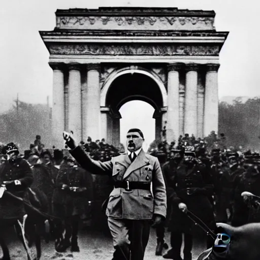 Image similar to black and white photograph of adolf hitler at the triumphal arch victorious after winning the 2 nd world war, while enslaved and chained blacks are seen through the streets under the watchful eye of nazi troops