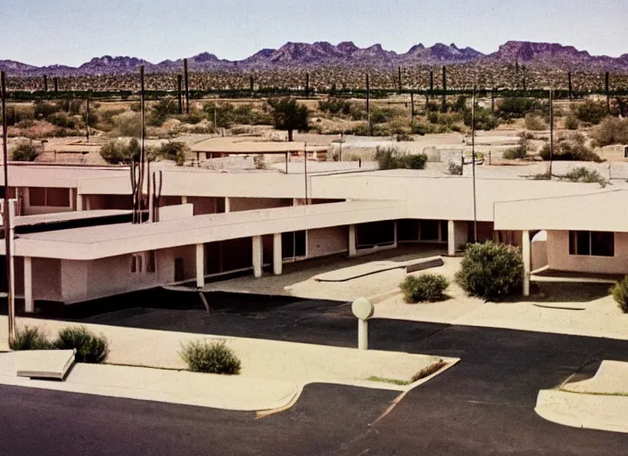 Image similar to a midcentury modern motel in tuscon arizona in the year 1 9 6 7