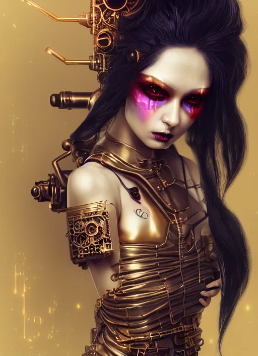 Image similar to soft lustrous geisha raver gutter punk gothic steampunk cyborg, golden ratio, details, scifi, fantasy, cyberpunk, intricate, decadent, highly detailed, digital painting, octane render, artstation, concept art, smooth, sharp focus, illustration, art by artgerm, loish, wlop