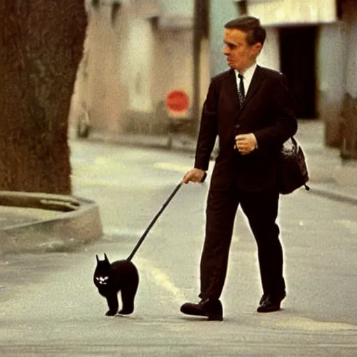 Image similar to a businessman cat going to work, 1 9 7 0 colour photography, award winning