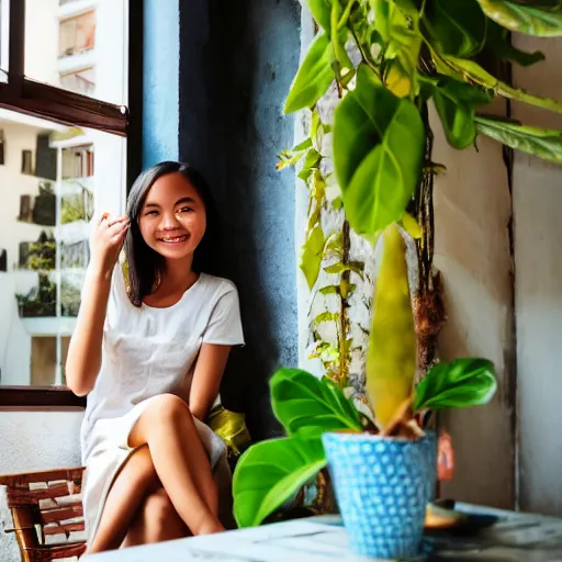 Prompt: a thin, pretty young Filipino girl sits near the window of a cute seaside Cafe with an espresso, golden morning light, cozy, tropical plants, Spirited Away