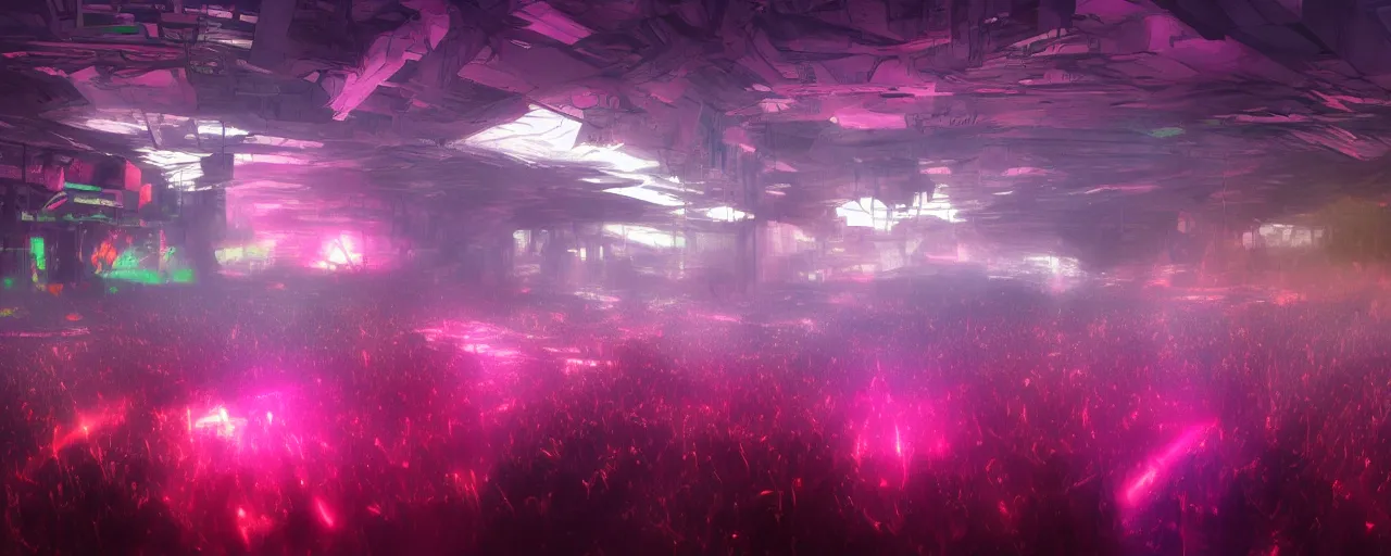 Prompt: Dystopian future, the DJ floats on a platform just above a huge crown of people dancing below to the Techno soundscape, lasers fill the scene with light of red, pink, green and purple, in the style of artgerm and greg rutkowski and alphonse mucha, concept art, ultra realism, photo realism, cgsociety, octane render, artstationHD, artstationHQ, unreal engine, 4k, 8k