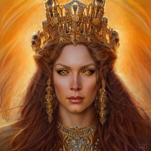 Image similar to highly detailed portrait of a majestic lioness queen in the form of a beautiful woman. d & d. art by donato giancola, chris rallis, anna dittmann, alberto vargas. trending on artstation, intricate details, energetic composition, golden ratio, concept art, illustration, elegant art, global illuminaition