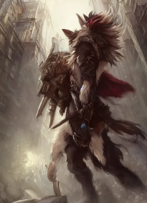 Image similar to wide angle beautiful full body portrait of a cute male anthropomorphic anthro border collie fursona wearing a barbarian outfit in downtown seattle, character design by charlie bowater, henry asencio, and ross tran, disney, scenic background, detailed, glamor pose, aesthetic, trending on artstation, furaffinity, deviantart