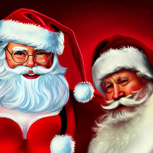 Image similar to santa claus next to his beautiful helper who is wearing a bikini, highly detailed, digital painting, illustration, in the style of greg rutkowski