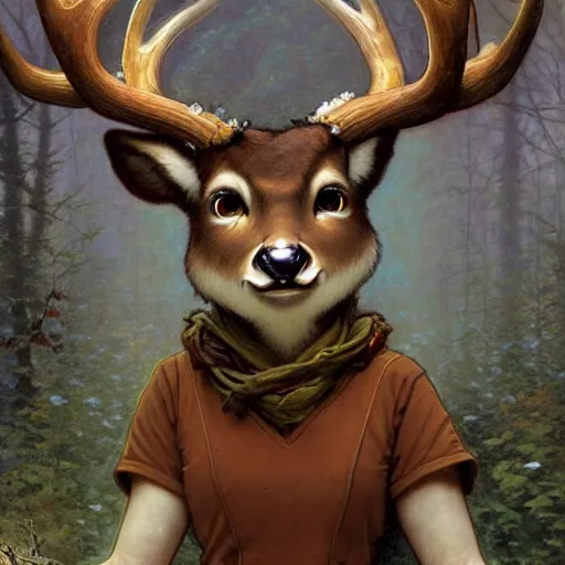 Image similar to anthropomorphic shy and nerdy deer with exquisite antlers. Renowned character illustration by greg rutkowski, thomas kindkade, alphonse mucha, loish, norman rockwell. Trending on FurAffinity.