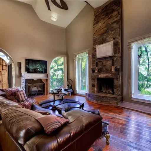 Prompt: a real estate home interior photo. the fireplace is a portal to hell and demons are lounging on the furniture