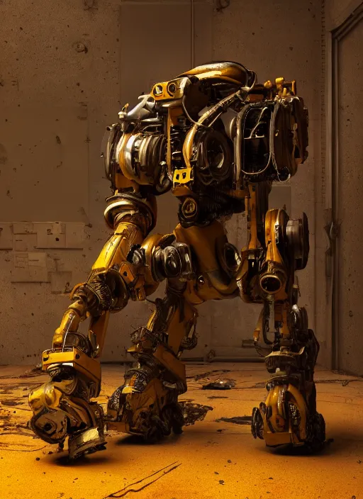 Image similar to a photorealistic dramatic hyperrealistic render of a futuristic exosuit power loader heavy machinery, ultra realistic details, glossy yellow, well worn, rust, oil stains by vitaly bulgarov and mike nash, beautiful dramatic dark moody tones and lighting, cinematic atmosphere, studio lighting, global illumination, shadows, dark background, octane render, 8 k