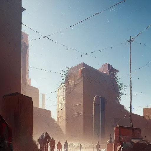 Image similar to a beautiful painting of desert square in a megalopolis in the early morning by greg rutkowski and annibale caracci trending on artstation