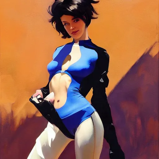 Prompt: greg manchess painting of tracer wearing a skintight suit, medium shot, organic painting, sunny day, bold shapes, hard edges, street art, trending on artstation, by huang guangjian and gil elvgren and sachin teng and artgerm and greg rutkowski and alphonse mucha