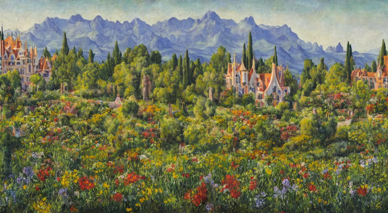 Image similar to a landscape painting of a manor designed by Antoni Gaudí, with flower fields as foreground, with mountains as background