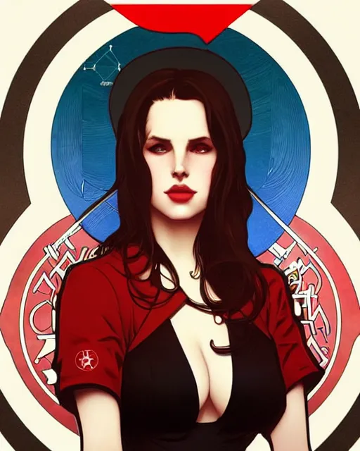 Prompt: lana del rey as a confident scientist, wearing a labcoat, intricate, red white and black color scheme, illustration by krenz cushart, alphonse mucha, artgerm, trending on artstation