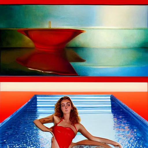 Image similar to British model ‘Josie Lane’ with beautiful face and full body laying in a blood red pool of water between a bright golden glowing mirror frame, outside is space and inside the mirror frame is a beautiful landscape. You can see her reflection in the red pool of water. Hyperrealistic surreal 4K IMAX Rene Margritte intricate, elegant, highly detailed, digital painting, artstation, concept art, smooth, sharp focus, illustration, art by artgerm, Francis bacon, HR Giger and greg rutkowski and alphonse mucha