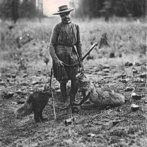 Image similar to anthropomorphic fox man doing fieldwork, 1910s film still