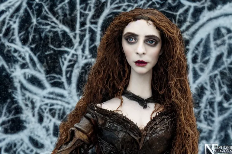 Image similar to photo taken of an epic intricate, ultra detailed, super realistic stop motion puppet of a majestic gracious regal aristocratic brunette female vampire in a graveyard filmset created by weta workshop directed by tim burton, menacing, close up shots, moody night time scene, photorealistic, sharp focus, gloomy, extremely cold blueish colour temperature, 3 5 mm, f 1. 4