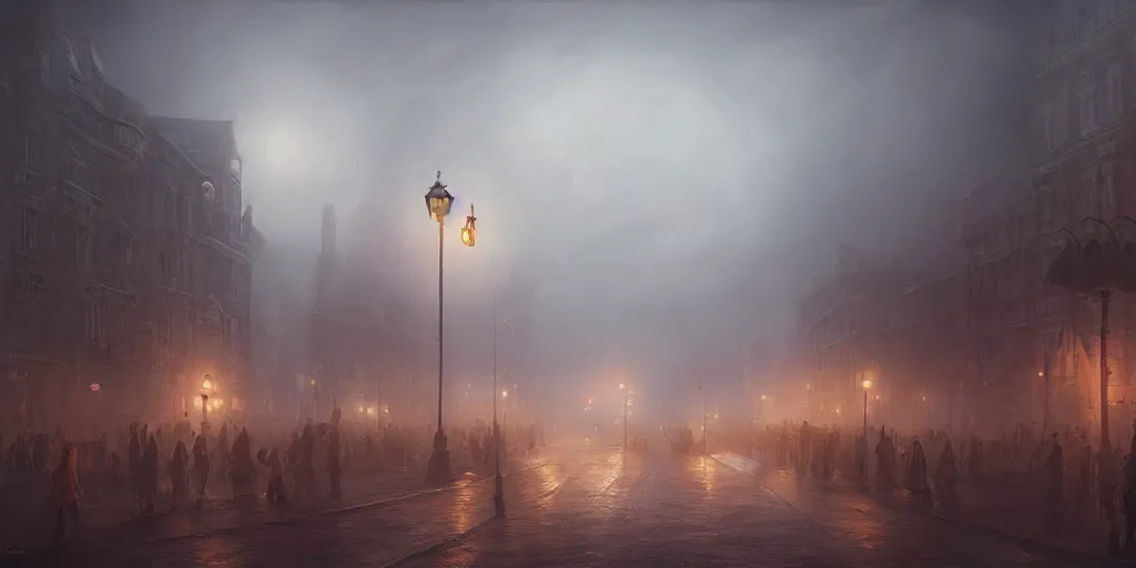 Prompt: a heavy swirling fog with a parade, soft lighting, night, stephen bliss, misty, unreal engine, digital art, 8 k, oil painting, fantasy art, illustration, detailed and intricate environment