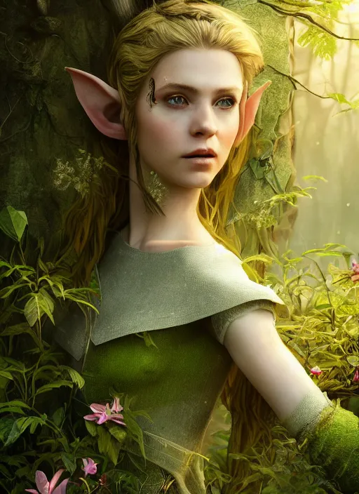 Prompt: Beautiful art portrait of a Fantasy female elf on a lush forest meadow, atmospheric lighting, intricate detail, cgsociety, hyperrealistic, octane render, RPG portrait, ambient light, dynamic lighting