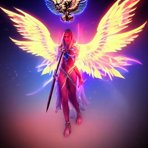 Prompt: « beautiful, divin archangel, with a sword, beautiful wings, glowing lights, detailed »