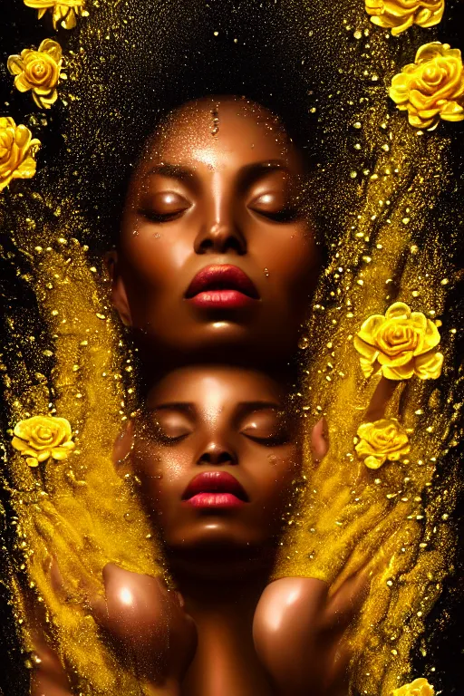 Prompt: hyperrealistic post rococo cinematic very expressive! black oshun goddess, in water up to her shoulders, mirror dripping droplet!, gold flowers, highly detailed face, digital art masterpiece, smooth eric zener cam de leon dramatic pearlescent back lighting, low angle uhd 8 k, sharp focus