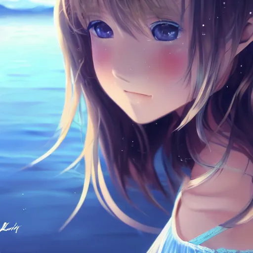 Image similar to a very beautiful anime girl, full body, long wavy blond hair, sky blue eyes, full round face, short smile, cute top, short jeans, summer lake setting, cinematic lightning, medium shot, mid-shot, highly detailed, trending on Artstation, Unreal Engine 4k, cinematic wallpaper by Stanley Artgerm Lau, WLOP, Rossdraws, James Jean, Andrei Riabovitchev, Marc Simonetti, and Sakimichan