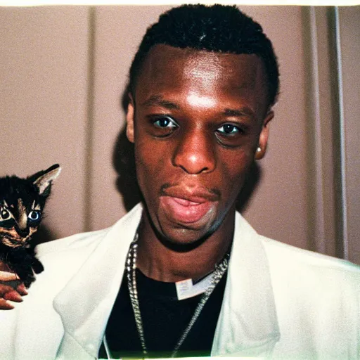 Image similar to 15mm wide-angle lens photo of a rapper in 1990 New York holding a kitten up to the camera