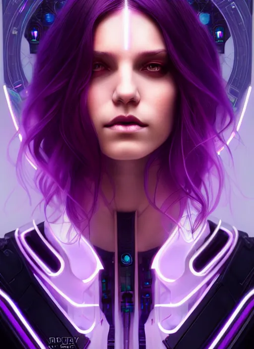 Image similar to symmetry portrait of a very beautiful caucasian young cyberpunk woman with dark purple hair, sci - fi, tech wear, glowing lights intricate, elegant, highly detailed, digital painting, artstation, concept art, smooth, sharp focus, illustration, art by artgerm and greg rutkowski and alphonse mucha