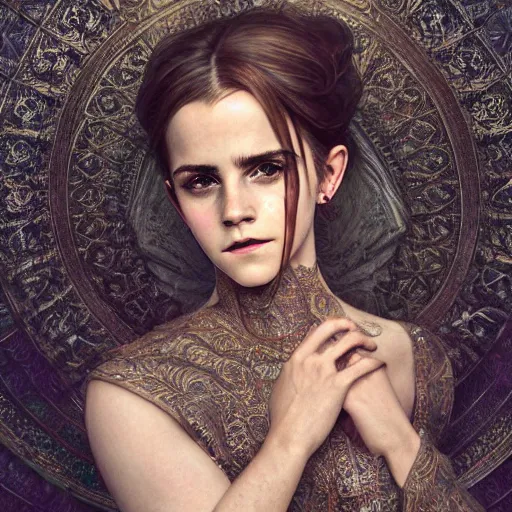 Prompt: a photorealistic dramatic fantasy render of a beautiful woman emma watson wearing a beautiful intricately detailed mask and clasical dress by wlop, artgerm, greg rutkowski, alphonse mucha, epic, beautiful dynamic dramatic dark moody lighting, shadows, cinematic atmosphere, artstation, concept design art, octane render, 8 k