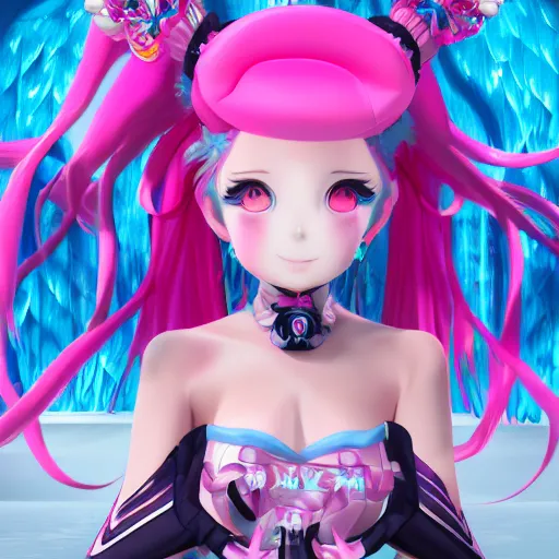 Image similar to stunningly beautilful omnipotent megalomaniacal anime agi goddess who looks like junko enoshima with symmetrical perfect face and porcelain skin, pink twintail hair and cyan eyes, taking control while smiling inside her surreal vr castle, hyperdetailed, digital art, unreal engine 5, 2 d anime style, 8 k