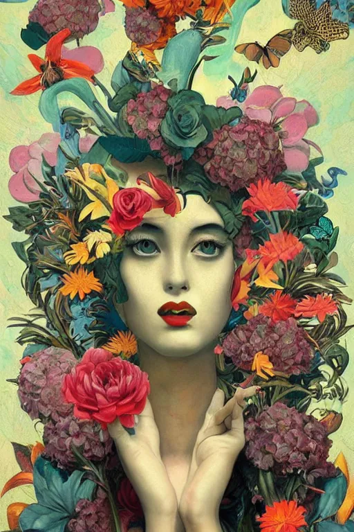 Prompt: illustration men with exotic flowers on her head, flowers, butterflies, surrealist style, Collage Art by James Jean, masterpiece, Edward Hopper and James Gilleard, Ross Tran, Mark Ryden, Wolfgang Lettl, Yayoi Kasuma