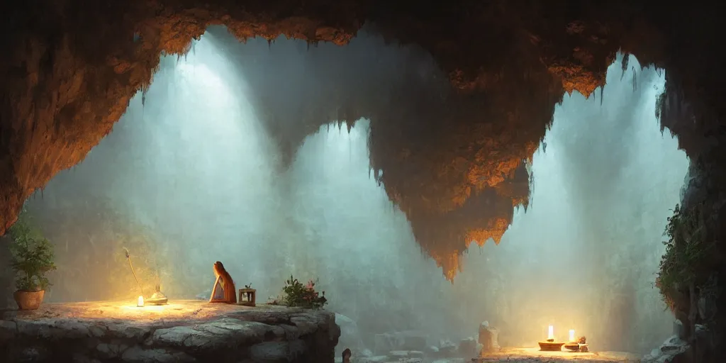 Image similar to cozy, empty bathhouse hidden in a cave, intimate, candlelight, towels, cushions, natural light, lush plants and flowers, elegant, smooth cave rock, fantasy, atmospheric lighting, digital painting, Greg Rutkowski concept art