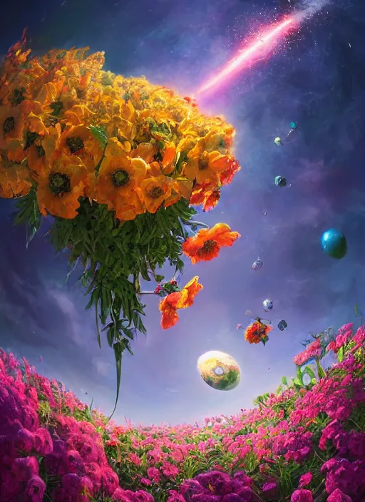 Image similar to An epic fantastic realism comic book style painting of the most beautiful flowers launched into space, bouquets, fisheye lens, unreal 5, DAZ, hyperrealistic, octane render, dynamic lighting