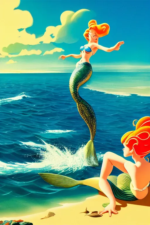 Image similar to mermaid, above the sea, sunny day, scenery wallpaper aesthetic, beautiful, cinematic, dramatic, super detailed and intricate, hyper realistic, 4 k render, by carl barks, by darwyn cooke, by kentaro miura, by koson ohara,