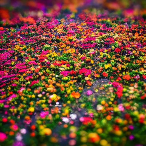 Image similar to Millions of colorful flowers blossoming, climax, overwhelming, brilliant, surreal, cinematic, epic, 8k, sharp focus, color grain 35mm, tilt-shift, dslr