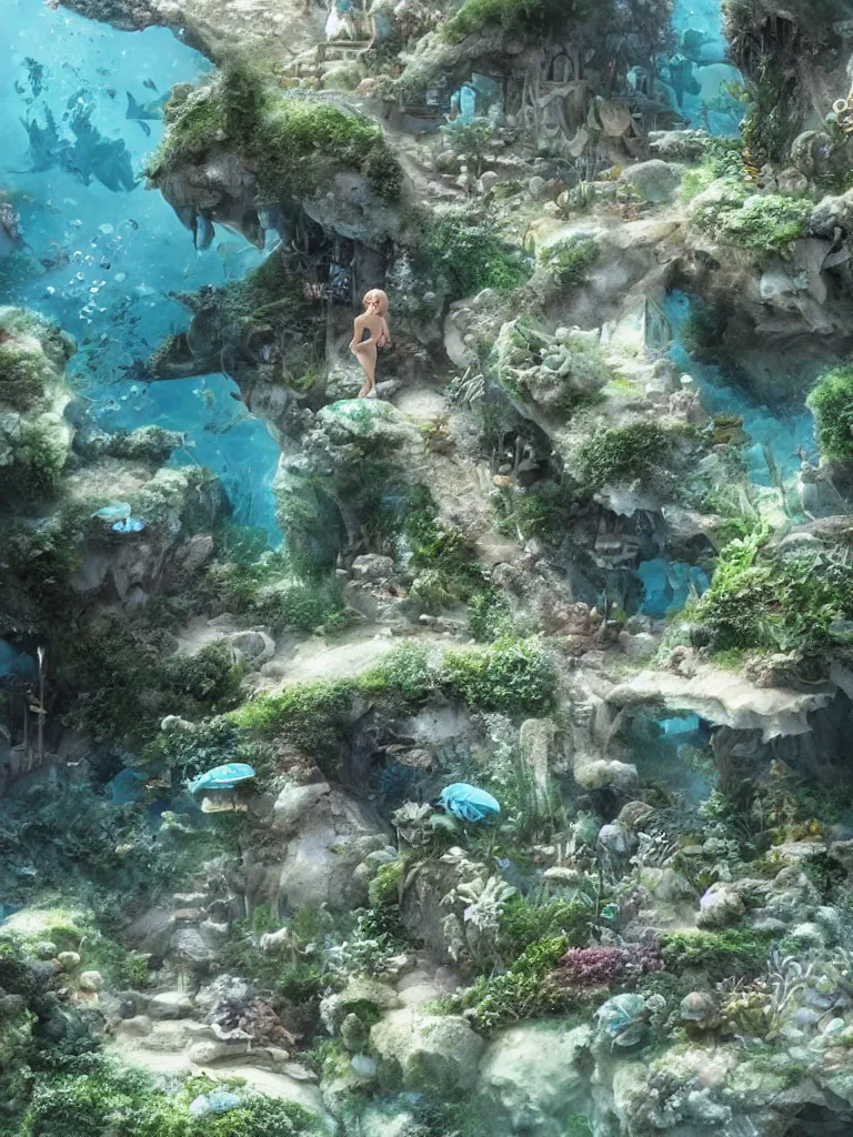 Image similar to partly underwater merpeople town made of rocks and sand, cute style garden, octane render, algae - trees, evergreen, patio, garden, wet atmosphere, tender, soft light misty yoshitaka amano, and artgerm