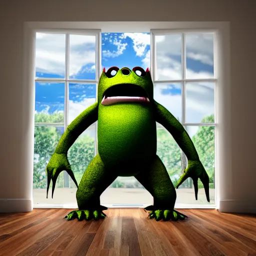 Image similar to photography, 3 d render, monster, window, wood floor