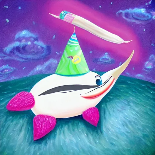 Image similar to a painting of a narwhal with a sandwich impaled on it's horn by lisa frank, trending on artstation, 8 k, unreal engine