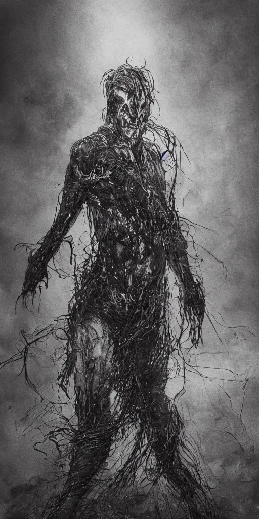 Image similar to concept art of a man with his body covered in burns, with black smoke coming out of his hands, full body, dark colors, sinister atmosphere, dramatic lighting, cinematic, establishing shot, extremely high detail, photo realistic, cinematic lighting, pen and ink, intricate line drawings, by Yoshitaka Amano, Ruan Jia, Kentaro Miura, Artgerm, post processed, concept art, artstation, matte painting, style by eddie mendoza, raphael lacoste, alex ross,