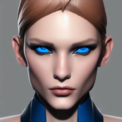 Image similar to a woman with a futuristic look and blue eyes, a character portrait by senior character artist, trending on cgsociety, digital art, artstation hd, artstation hq, polycount