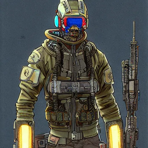 Prompt: ivan. Apex legends cyberpunk mercenary with exoskelital gear. Concept art by James Gurney and Mœbius.