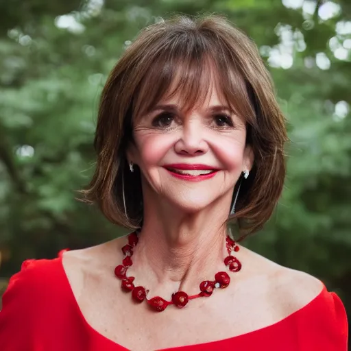 Image similar to dslr portrait still of sally field wearing a beautiful red dress, 8 k 8 5 mm f 1. 4