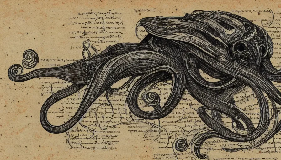 Image similar to encyclopedia drawing of a cyberpunk squid, manuscript, detailed